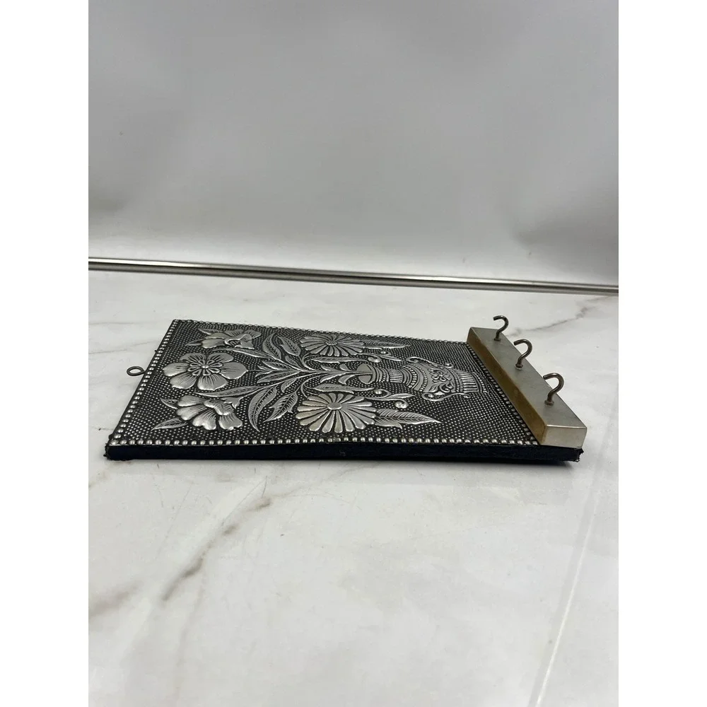 VTG Silver Tone Repousse Floral Vase Key Holder Wall Mounted 3 Hook Organizer
